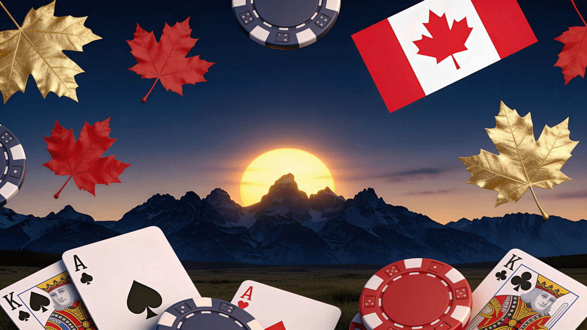 Rocky Mountains at dusk with casino chips and cards — Alberta online casinos