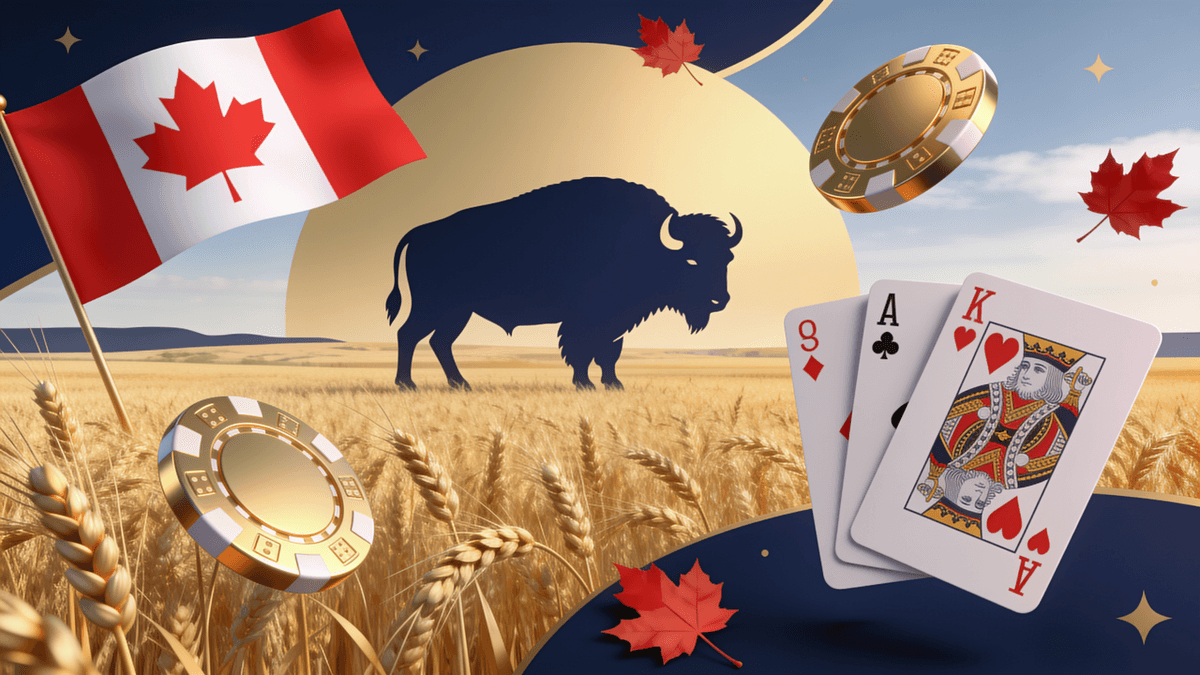 Prairie wheat field and bison with casino chips and cards — online casinos in Manitoba