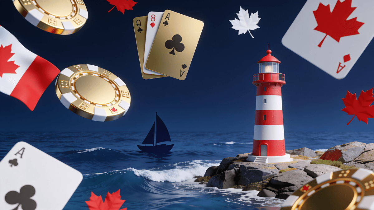 Atlantic coastline lighthouse with casino chips and cards — online casinos in Nova Scotia