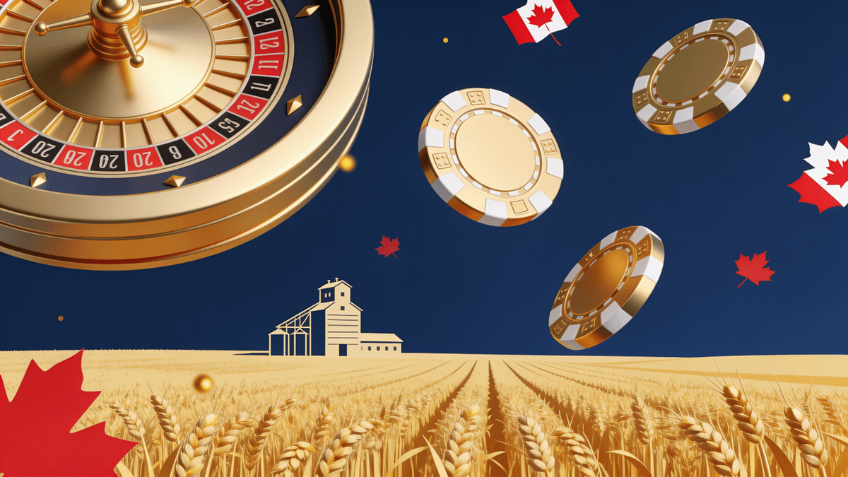 Prairie grain elevator under a wide Saskatchewan sky with casino chips and playing cards — online gambling in Saskatchewan